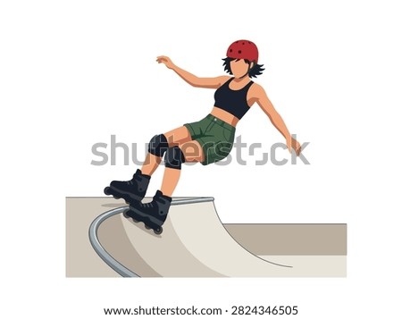 Flat style vector illustration of a female aggressive inline skater performing a trick in an urban skatepark. Perfect for extreme sports, recreation, youth culture, fitness and action designs