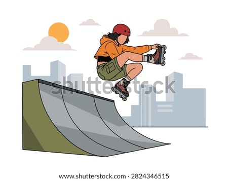Flat style vector illustration of a female aggressive inline skater performing a trick in an urban skatepark. Perfect for extreme sports, recreation, youth culture, fitness and action designs