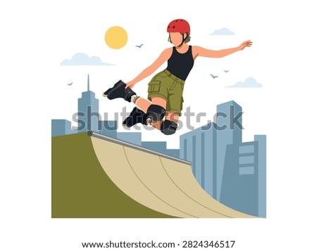Flat style vector illustration of a female aggressive inline skater performing a trick in an urban skatepark. Perfect for extreme sports, recreation, youth culture, fitness and action designs