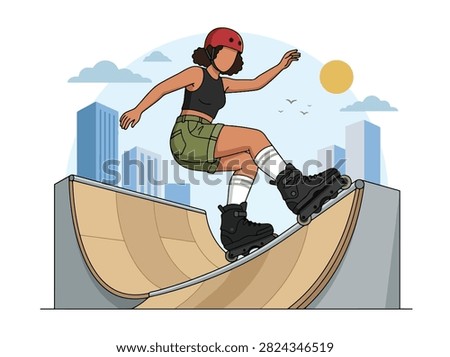 Flat style vector illustration of a female aggressive inline skater performing a trick in an urban skatepark. Perfect for extreme sports, recreation, youth culture, fitness and action designs