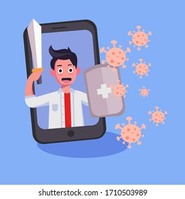 Flat style vector illustration. fight the virus, Businessman come out of smartphones carrying swords and shields. For website landing page, poster, pamphlet or any design