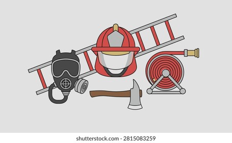 Flat style vector illustration of firefighter emergency equipment including a helmet, axe, ladder, hose, and gas mask.