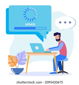 Ilustración vectorial de estilo plano. Corrija la actualización del sistema Cambiar nueva versión. Instale el proceso de actualización con el carácter de una persona. Adecuado para páginas web de aterrizaje, ui, aplicaciones móviles, plantillas de banners.
