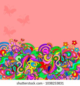 Flat style vector illustration with flowers, butterfly, swirls, stars and leaves. Bright pink romantic backgrounds.  Happy design pattern.