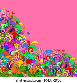 Flat style vector illustration with flowers, swirls,basket, mushrooms and leaves. Bright romantic backgrounds,can be used for a greeting card, valentine or the wedding invitation. Happy design pattern