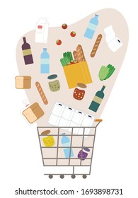 Ilustración vectorial plana de alimentos y suministros en carro en el supermercado. tarjeta de compra. dibujos animados de compras en supermercado o centro comercial.