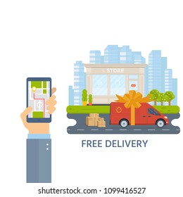 Flat style vector illustration free delivery service concept. Truck with box container,store,  shop shipping with sity background. Vector flat conceptual design.