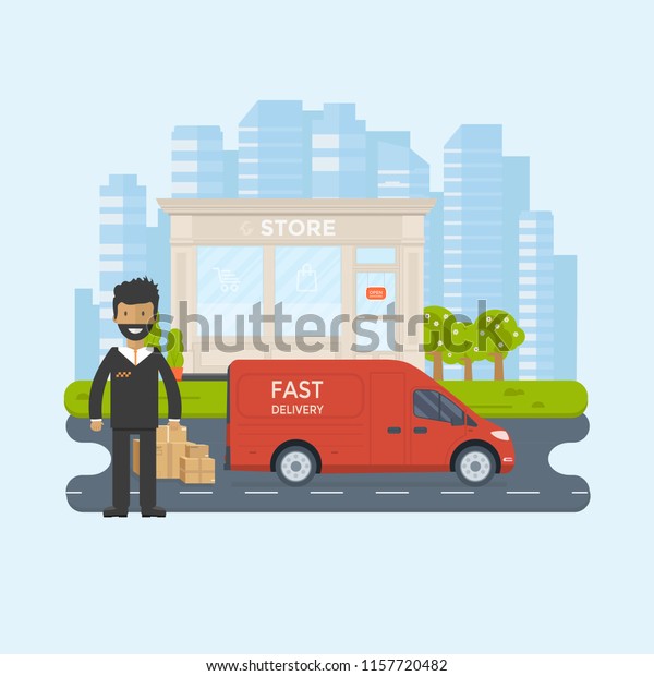 Flat style vector illustration\
free delivery service concept. Truck with box container,store, \
shop shipping with sity background. Vector flat conceptual\
design.