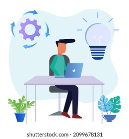 Flat style vector illustration. Freelancers Work Laptops Sitting at Desks at Work Thinking about Tasks. Brainstorming Freelance Outsourcing Worker Jobs.
