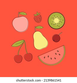 Ilustración vectorial de estilo plano de frutas y bayas frescas aisladas en un fondo de color.
