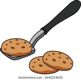 A flat style vector illustration of a freshly baked chocolate chip cookie on a spatula, with two more cookies beside it.