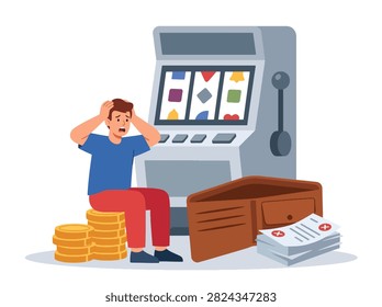Flat style vector illustration of a frustrated man losing money beside a slot machine and empty wallet. Perfect for gambling addiction, financial problems, bad habits and awareness campaigns