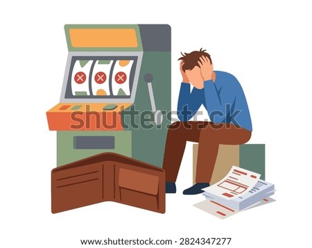 Flat style vector illustration of a frustrated man losing money beside a slot machine and empty wallet. Perfect for gambling addiction, financial problems, bad habits and awareness campaigns