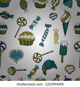 Flat style Vector illustration. For game, postcard, invitation and web design. Of sweets on white, black and pink background. Seamless candies.