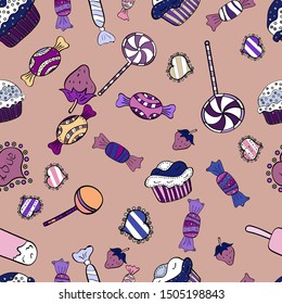Flat style Vector illustration. For game, postcard, invitation and web design. Of sweets on black, violet and neutral background. Seamless candies.