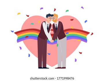 Flat style vector illustration of Gay couple kissing on LGBT rainbow flag