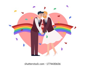 Flat style vector illustration of Gay couple in wedding dress kissing on LGBT rainbow flag, Heart shape and rainbow confetti.