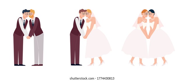 Flat style vector illustration of Gay, Straigt, Lesbian couple in wedding dress kissing. Same sex, LGBT marriage concept. 