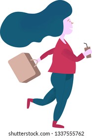 Flat style vector illustration. Girl goes on vacation with a suitcase and a glass of coffee in her hands