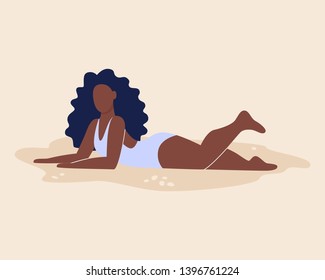 Flat style vector illustration of a girl in a swimsuit on the beach