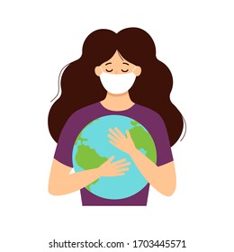 Flat style vector illustration of a girl and world wearing protective mask to protect Coronavirus holding earth surrounded by viruses. Stop coronavirus concept.