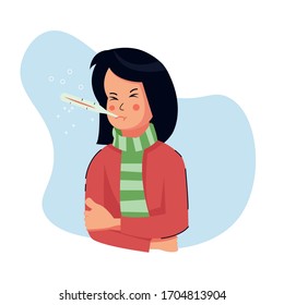 Flat style vector illustration, Girl or women or people with fever. wear a thermometer. character shivering in the cold. sickness concept.