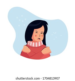 Flat style vector illustration, Girl or women or people with fever. wear a thermometer. character shivering in the cold. sickness concept.