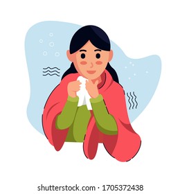 Flat style vector illustration, Girl or women or people with fever. wear a blanket. character shivering in the cold. sickness concept.