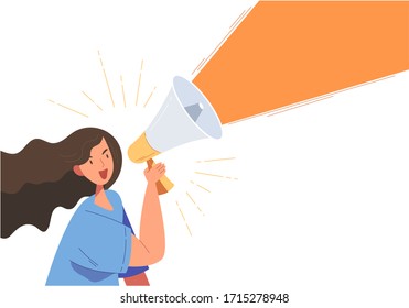 Flat style vector illustration of girl is holding a megaphone to announce something. Concept of advertisement or announcement a promotion or on sale merchandise. To inform or announce.