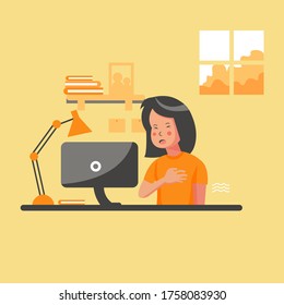 Flat style vector illustration, girl or women or people with fever. cough and chest pain. character shivering in the cold. sickness concept. for website landing page, poster, pamphlet or any design