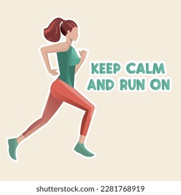 Flat style vector illustration with girl doing jogging and hand drawn lettering