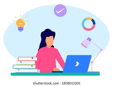 Flat style vector illustration. Girls keep a journal or diary. Teenage girls study at home with their laptops and stacks of books. The concept of lifestyle and youth.