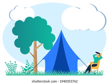 Ilustración vectorial de estilo plano. Glaminaje, camping y actividades de relajación interior al aire libre. Una escapada de picnic al aire libre con alojamiento en una tienda de la jungla de turismo al aire libre.