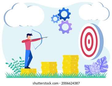 Flat style vector illustration of a goal as a business target. Successful results, profits and results. Businessman aiming at target with arrow.