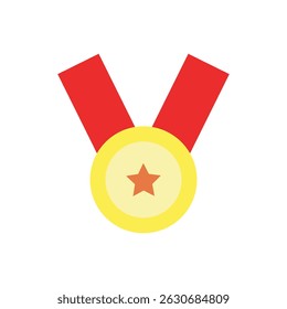 Ilustración vectorial de estilo plano de una medalla de oro con una cinta roja y una estrella central, que simboliza el logro, el éxito y el reconocimiento.