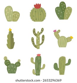 Flat style vector illustration of a green cactus in a pot. Simple, minimalistic, and perfect for decoration, stickers, or graphic design projects.