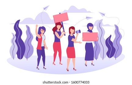 Flat style vector illustration of group of women protest. Girls power concept, feminine and feminism ideas, woman empowerment, stronger together and women power.