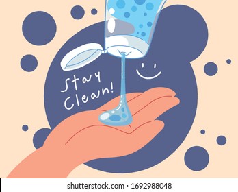 Flat style vector illustration of hand cleaning for prevent virus. Pouring alcohol gel on hand to clean virus and germs. stay clean cute illustration. Coronavirus, flu, bacteria, COVID-19