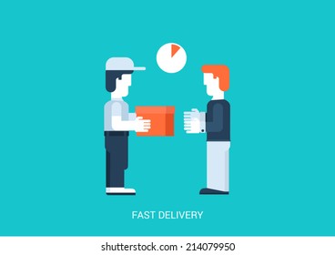 Flat style vector illustration hand to hand fast rapid shipping delivery concept. Man gives package box to another. Big flat conceptual collection.