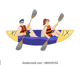 Flat style vector illustration of a happy man and woman on a double inflatable kayak canoeing in the river or sea. Social distance fun activity during corona virus. Isolated design. Family sport.