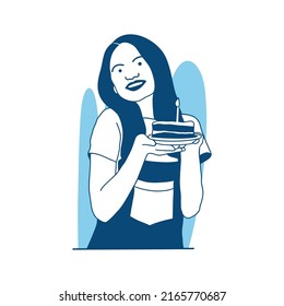 ilustración vectorial de estilo plano niña feliz sosteniendo torta festiva con velas ardientes