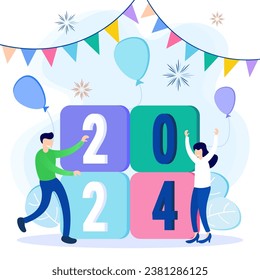 Ilustración vectorial de estilo plano de personajes felices que celebran el año nuevo festivo 2024. Se puede usar para banners web, infografías, imágenes de héroes.