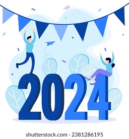 Flat style vector illustration of happy characters celebrating festive New Year 2024. Can be used for web banners, infographics, hero images.