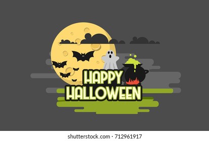 Flat Style Vector Illustration of Happy Halloween Background. 