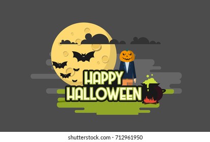 Flat Style Vector Illustration of Happy Halloween Background. 