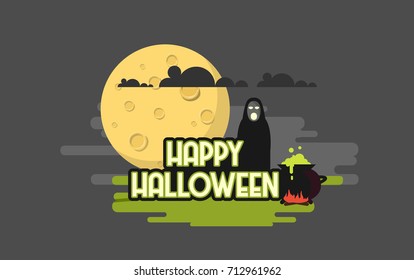 Flat Style Vector Illustration of Happy Halloween Background. 