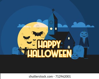 Flat Style Vector Illustration of Happy Halloween Background. 