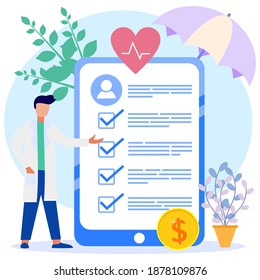 Flat style vector illustration, health insurance concept, doctor filling out health insurance forms, medical insurance for patients.