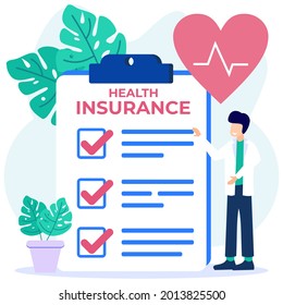 Flat style Vector illustration. Health care concept. Doctor Character standing near Health Insurance Contract While filling out Hospital Medical Document Form.