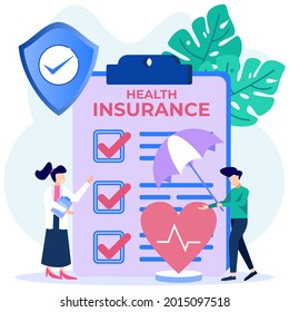 Flat style Vector illustration. Health care concept. Doctor Character standing near Health Insurance Contract While filling out Hospital Medical Document Form.